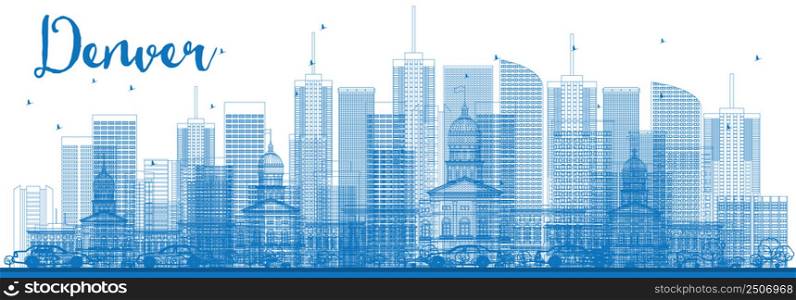 Outline Denver Skyline with Blue Buildings. Vector Illustration. Business Travel and Tourism Concept with Modern Architecture. Image for Presentation Banner Placard and Web Site.