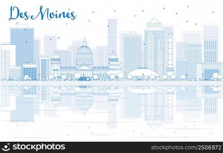 Outline Des Moines skyline with blue buildings and reflections. Vector illustration. Business travel and tourism concept with place for text. Image for presentation, banner, placard and web site.