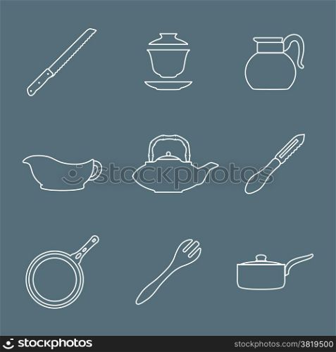 outline design dinnerware icons set. vector various outline dinnerware tableware utensil icons on dark