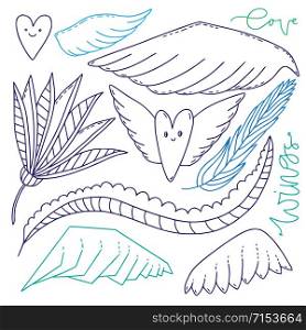 Outline design elements for Valentines day decoration. Vector coloring book page illustration. Collection of nature decor, wings and hearts. Contour drawing isolated on white. Outline design elements for Valentines day decoration. Vector coloring book page illustration. Collection of nature decor, wings and hearts. Contour drawing isolated on white.
