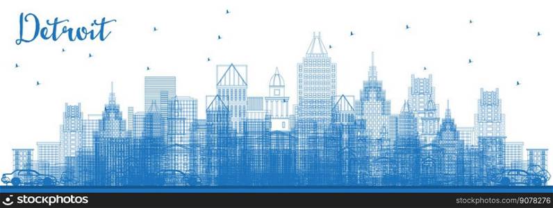Outline Detroit Michigan Skyline with Blue Buildings. Vector Illustration. Business Travel and Tourism Concept with Modern Architecture. Detroit Cityscape with Landmarks.