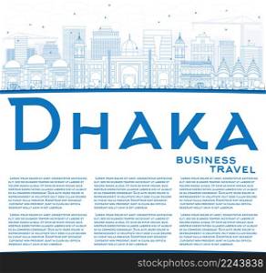 Outline Dhaka Skyline with Blue Buildings and Copy Space. Vector Illustration. Business Travel and Tourism Concept with Historic Buildings. Image for Presentation Banner Placard and Web Site.