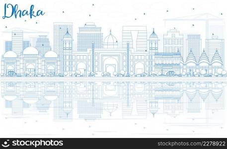 Outline Dhaka Skyline with Blue Buildings and Reflections. Vector Illustration. Business Travel and Tourism Concept with Historic Architecture. Image for Presentation Banner Placard and Web Site.