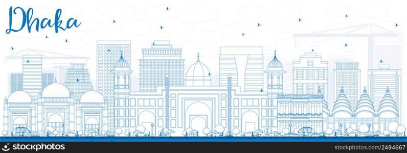Outline Dhaka Skyline with Blue Buildings. Vector Illustration. Business Travel and Tourism Concept with Historic Buildings. Image for Presentation Banner Placard and Web Site.