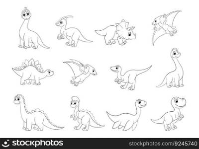 Outline dinosaurs, t-rex and pterodactyl. Line dinos isolated on white, prehistoric cartoon dinosaur. Children dino clipart, vector coloring bundle of dinosaur animal illustration. Outline dinosaurs, t-rex and pterodactyl. Line dinos isolated on white, prehistoric cartoon dinosaur. Children dino clipart, vector coloring bundle