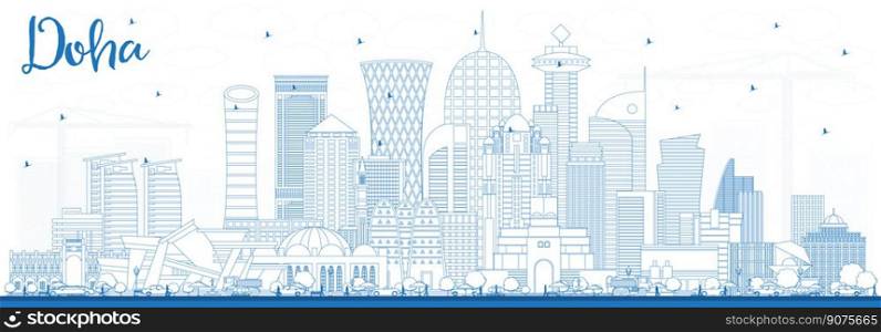 Outline Doha Qatar City Skyline with Blue Buildings. Vector Illustration. Business Travel and Concept with Modern Architecture. Doha Cityscape with Landmarks.