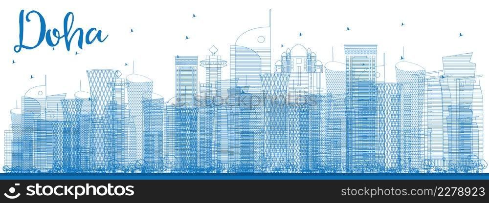 Outline Doha skyline with blue skyscrapers. Vector illustration. Business and tourism concept with skyscrapers. Image for presentation, banner, placard or web site