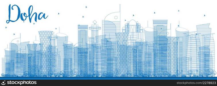 Outline Doha skyline with blue skyscrapers. Vector illustration. Business and tourism concept with skyscrapers. Image for presentation, banner, placard or web site