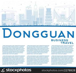 Outline Dongguan Skyline with Blue Buildings and Copy Space. Vector Illustration. Business Travel and Tourism Concept with Modern Buildings. Image for Presentation Banner Placard and Web Site.