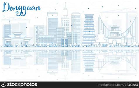 Outline Dongguan Skyline with Blue Buildings and Reflections. Vector Illustration. Business Travel and Tourism Concept with Modern Architecture. Image for Presentation Banner Placard and Web Site.