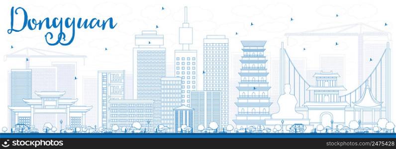 Outline Dongguan Skyline with Blue Buildings. Vector Illustration. Business Travel and Tourism Concept with Modern Buildings. Image for Presentation Banner Placard and Web Site.