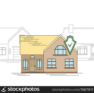 Outline drawing of a country house with a security shield. Smart home with alarm on the background of ordinary homes. The house is guarded. Line art for banner, card and your design.. Outline drawing of a country house with a security shield. Smart home with alarm on the background of ordinary homes. The house is guarded. Line art