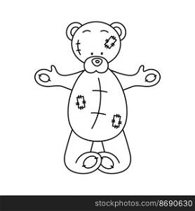 Outline drawing of a cute teddy bear with patches.. Outline drawing of a cute teddy bear with patches