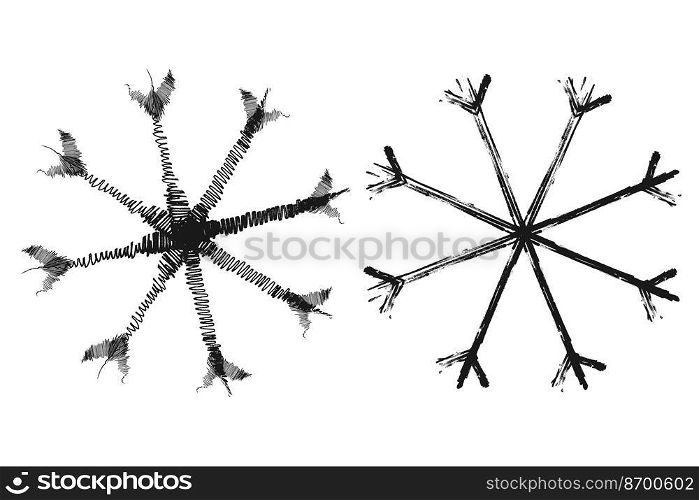 Outline drawing of a snowflake in a doodle style. Set of two images. Line art. Icon. Isolate. Suitable for banner, postcard, brochure or greeting. Good for background, web, label or price tag. EPS
