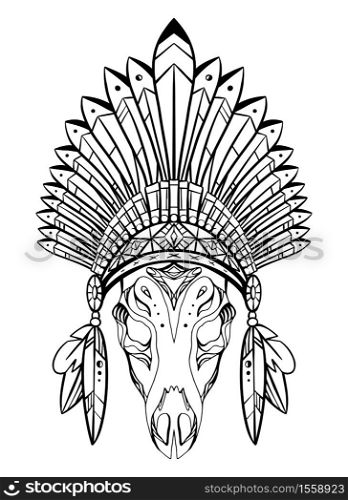 Outline drawing of deer skull with native cap of Indian with feathers and decorations. Tribal costume. Vector illustration for sketch of tattoo, printing on T-shirts, coloring pages and your design. Outline drawing of deer skull with native cap of Indian with feathers and decorations. Tribal costume.
