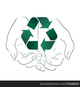 Outline drawing of hands holding a sign of recycling. Recycling and Zero Waste. Ecological vector element for logos, icons, banners and your design. Outline drawing of hands holding a sign of recycling. Recycling and Zero Waste.