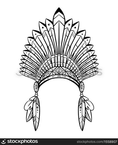 Outline drawing of native cap of Indian with feathers and decorations. Tribal costume. Vector illustration for sketch of tattoo, printing on T-shirts, coloring pages and your design. Outline drawing of native cap of Indian with feathers and decorations. Tribal costume.