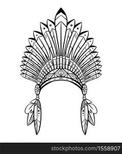 Outline drawing of native cap of Indian with feathers and decorations. Tribal costume. Vector illustration for sketch of tattoo, printing on T-shirts, coloring pages and your design. Outline drawing of native cap of Indian with feathers and decorations. Tribal costume.