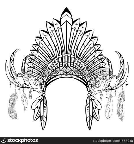Outline drawing of native cap of Indian with feathers, decorations and drawing of deer antlers with feathers and roses. Tribal costume. Vector illustration for sketch of tattoo, printing on T-shirts, coloring pages and your design. Outline drawing of native cap of Indian with feathers, decorations and drawing of deer antlers with feathers and roses. Tribal costume.