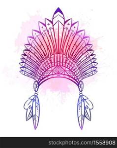 Outline drawing of native cap of Indian with feathers, decorations and violet watercolor splashes. Tribal costume. Vector illustration for sketch of tattoo, printing on T-shirts and your design. Outline drawing of native cap of Indian with feathers, decorations and violet watercolor splashes. Tribal costume.