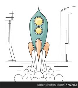 Outline drawing of retro rocket taking off from a spaceport. Space Shuttle. Vector linear drawing for articles, banners and your creativity.. Outline drawing of retro rocket taking off from a spaceport. Space Shuttle. Vector linear drawing
