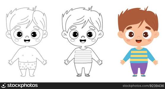 Outline drawings coloring book. Cute cartoon smiling kid boy. Line and color drawing. Vector illustration. Childrens collection. Isolated funny kids on white background