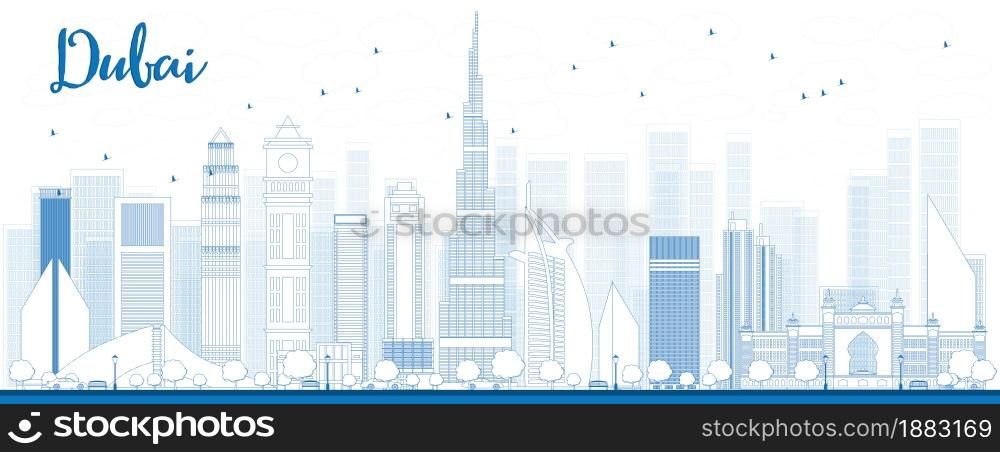 Outline Dubai City skyline with blue skyscrapers. Vector illustration