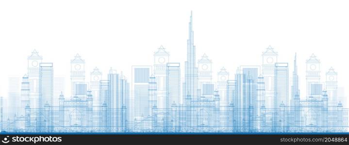 Outline Dubai City Skyscrapers in blue color. Vector illustration