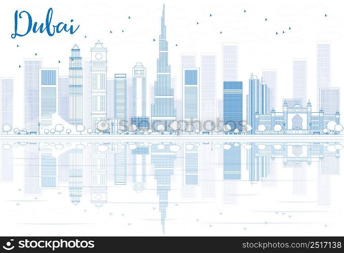 Outline Dubai skyline with blue buildings and reflections. Vector illustration. Business travel and tourism concept with place for text. Image for presentation, banner, placard and web site.