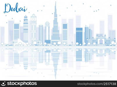 Outline Dubai skyline with blue buildings and reflections. Vector illustration. Business travel and tourism concept with place for text. Image for presentation, banner, placard and web site.