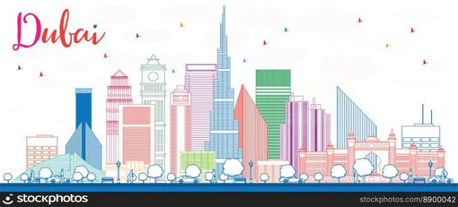 Outline Dubai Skyline with Color Buildings. Vector Illustration. Business Travel and Tourism Concept with Modern Buildings. Image for Presentation Banner Placard and Web Site.