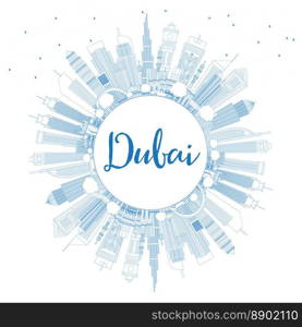 Outline Dubai UAE City Skyline with Blue Buildings and Copy Space. Vector Illustration. Business Travel and Tourism Illustration with Modern Architecture. Dubai Cityscape with Landmarks.