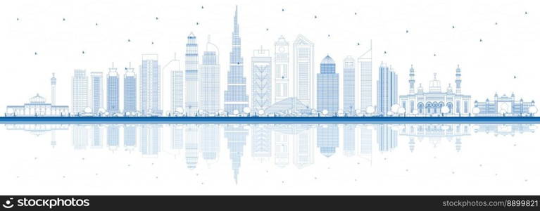 Outline Dubai UAE City Skyline with Blue Buildings and Reflections. Vector Illustration. Business Travel and Tourism Illustration with Modern Architecture. Dubai Cityscape with Landmarks.
