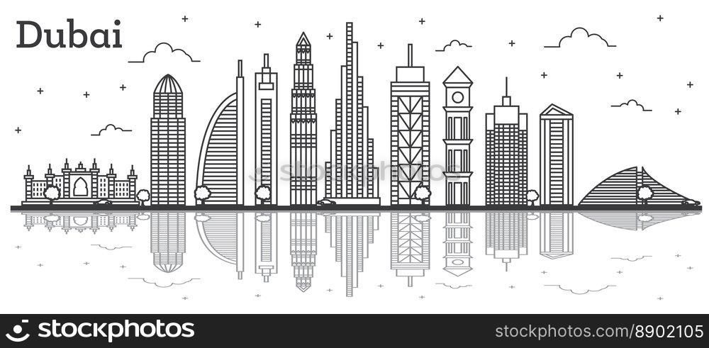 Outline Dubai UAE City Skyline with Modern Buildings and Reflections Isolated on White. Vector Illustration. Line Art Dubai Cityscape with Landmarks.