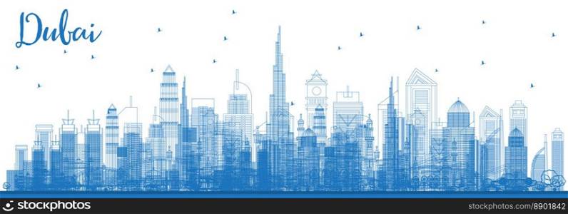 Outline Dubai UAE Skyline with Blue Buildings. Vector Illustration. Business Travel and Tourism Illustration with Modern Architecture. Dubai Cityscape with Landmarks.