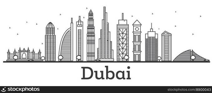 Outline Dubai UAE Skyline with Modern Buildings. Vector Illustration. Line Art Cityscape with Landmarks.