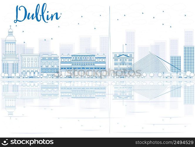 Outline Dublin skyline with blue buildings and reflections. Vector illustration. Business travel and tourism concept with place for text. Image for presentation, banner, placard and web site.