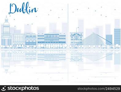 Outline Dublin skyline with blue buildings and reflections. Vector illustration. Business travel and tourism concept with place for text. Image for presentation, banner, placard and web site.