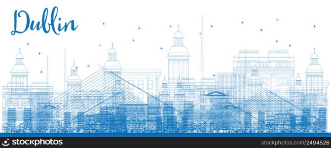 Outline Dublin Skyline with Blue Buildings. Vector Illustration. Business travel and tourism concept with historic buildings. Image for presentation, banner, placard and web site.