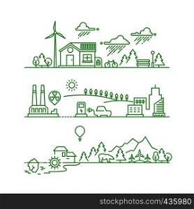 Outline eco city. Future ecological green environment and ecosystem vector concept. Environment ecosystem tree and sun, energy solar illustration. Outline eco city. Future ecological green environment and ecosystem vector concept