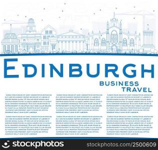 Outline Edinburgh Skyline with Blue Buildings and Copy Space. Vector Illustration. Business Travel and Tourism Concept with Historic Buildings. Image for Presentation Banner Placard and Web Site.