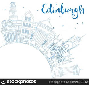 Outline Edinburgh Skyline with Blue Buildings and Copy Space. Vector Illustration. Business Travel and Tourism Concept with Historic Architecture. Image for Presentation Banner Placard and Web Site.