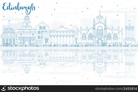 Outline Edinburgh Skyline with Blue Buildings and Reflections. Vector Illustration. Business Travel and Tourism Concept with Historic Architecture. Image for Presentation Banner Placard and Web Site.