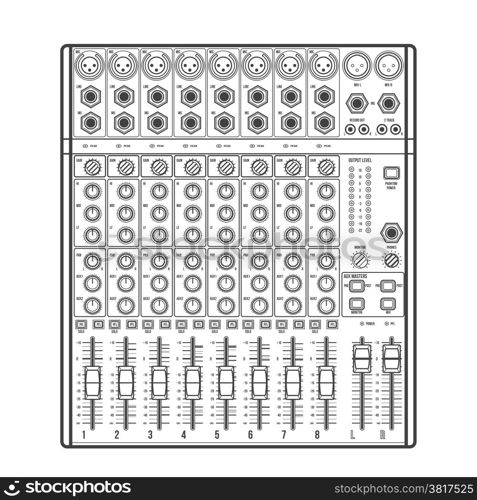 outline eight channels professional studio sound mixer. vector outline monochrome concert sound mixer with knobs sliders and inputs