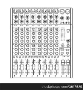outline eight channels professional studio sound mixer. vector outline monochrome concert sound mixer with knobs sliders and inputs