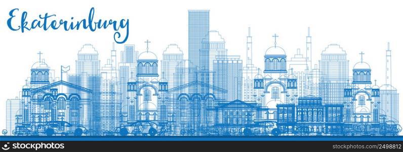 Outline Ekaterinburg Skyline with Blue Buildings. Vector Illustration. Business Travel and Tourism Concept with Modern Architecture. Image for Presentation Banner Placard and Web Site.