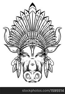 Outline engraving illustration of a bull head with indian roach. The symbol of the new year 2021. Contour buffalo with hat with feather. Vector illustration of animal head for tattoo and your designs.. Outline engraving illustration of a bull head with indian roach. The symbol of the new year 2021. Contour buffalo with hat with feather. Vector illustration