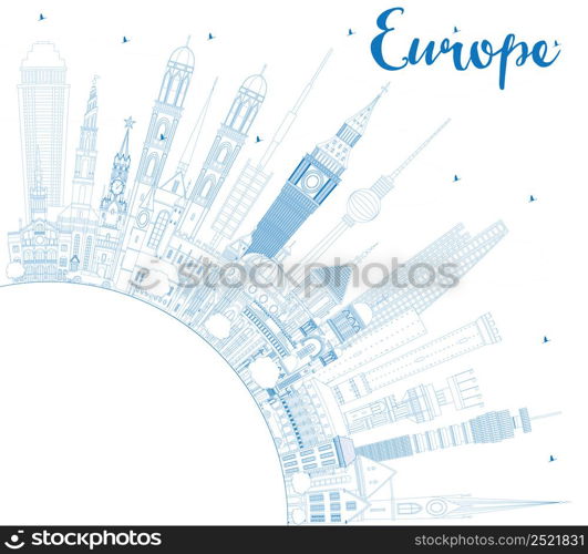 Outline Europe skyline silhouette with blue landmarks and copy space. Vector illustration. Business travel and tourism concept with place for text. Image for presentation, banner, placard and web site.