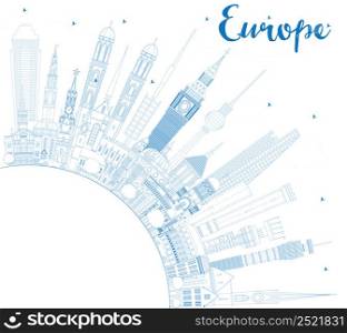 Outline Europe skyline silhouette with blue landmarks and copy space. Vector illustration. Business travel and tourism concept with place for text. Image for presentation, banner, placard and web site.