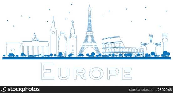 Outline Famous landmarks in Europe. Vector illustration. Business travel and tourism concept. Image for presentation, banner, placard and web site